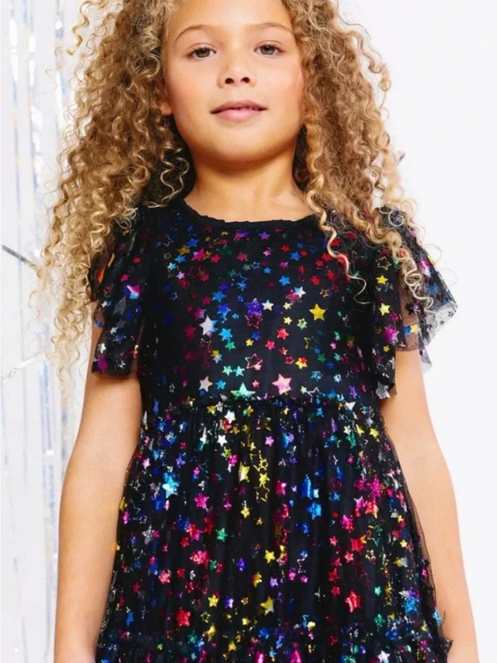 Lola + The Boys Black Tulle Tiered Dress with Multicolor Star Print